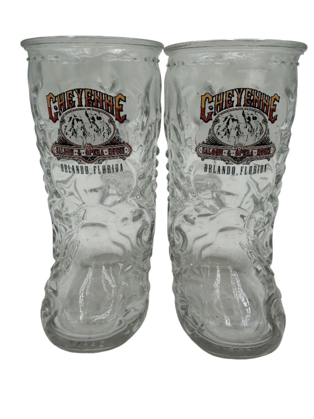 Cheyenne Saloon Boot-Shaped Glass Mugs 7" Vintage Orlando Florida Souvenir